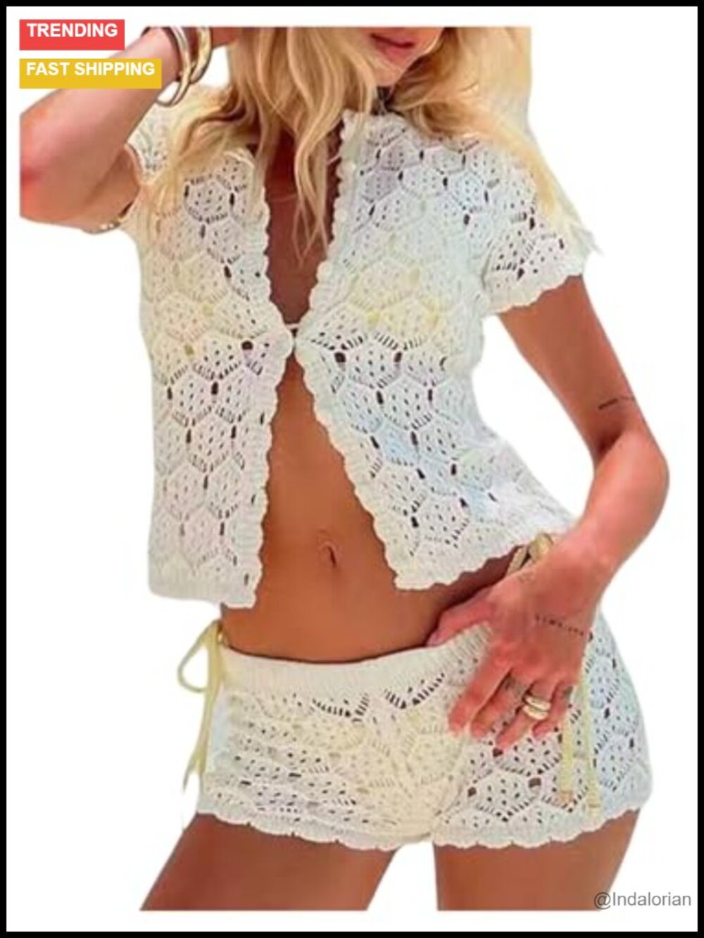 Crochet 2 Piece Short Set Button Up Cardigan & High Waisted Shorts Summer